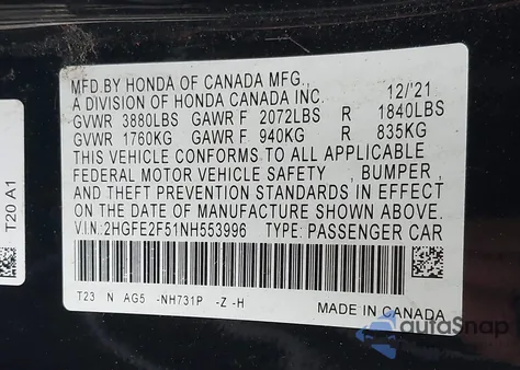 2022 Honda Civic Sport from USA, damaged, VIN 2HGFE2F51NH553996